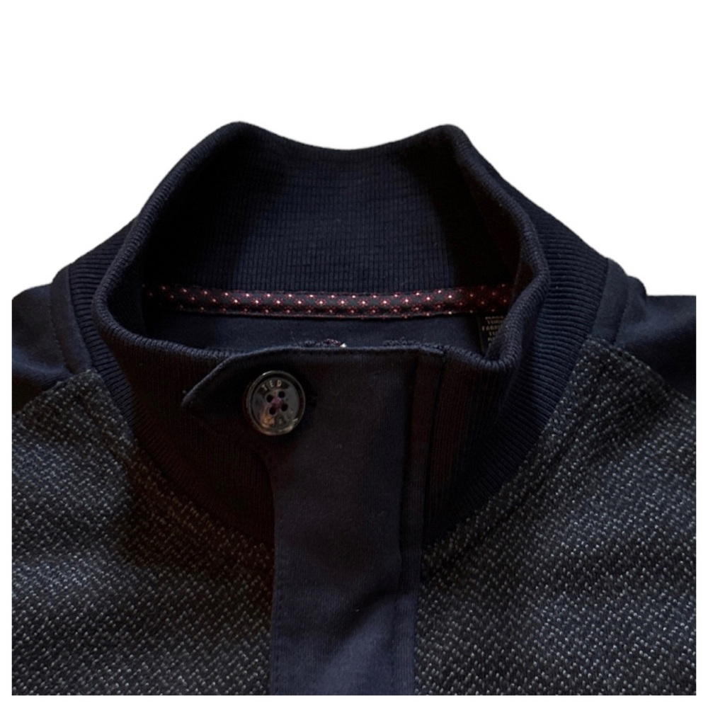 TED BAKER LONDON FULL ZIP MEN’S COTTON BOMBER STYLE KNITWEAR JACKET NAVY GRAY - Picture 4 of 12